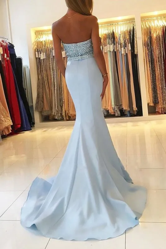 Sexy Light Blue Beading Strapless Long Prom Dresses Sparkle Mermaid Party Gown