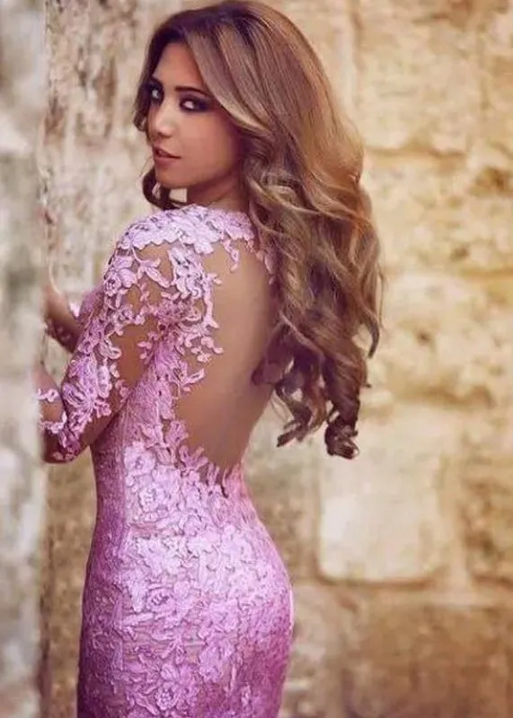Sexy Mermaid Long Sleeves Tulle Appliques Dresses Backless Prom Dress