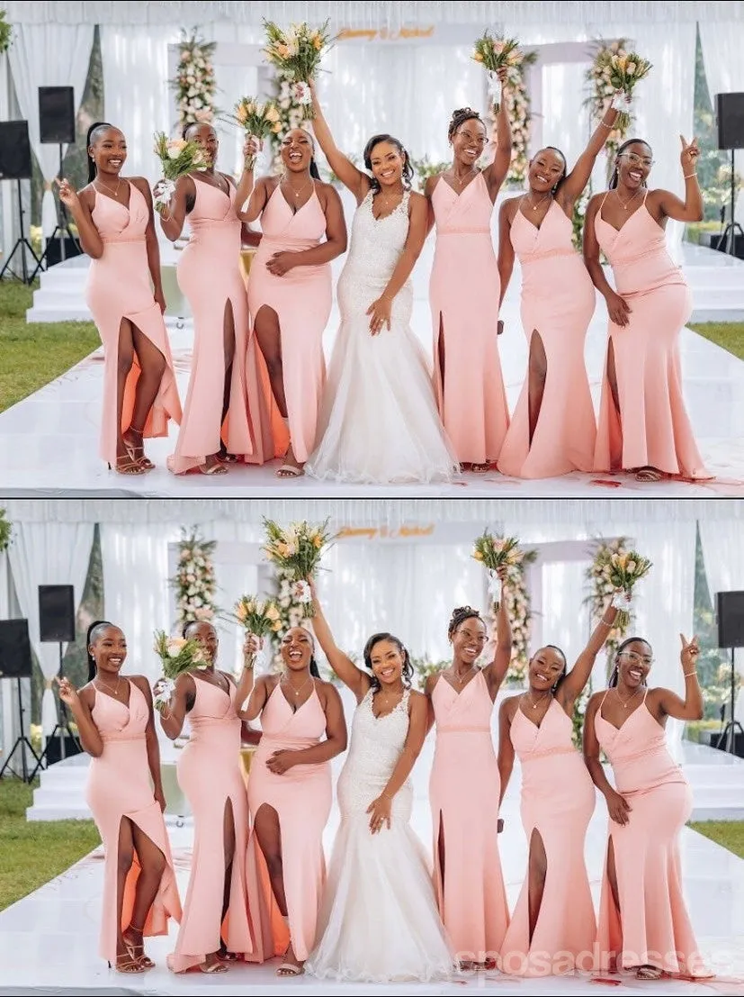 Sexy Pink Mermaid Spaghetti Straps V-neck Maxi Long Bridesmaid Dresses,WG1796