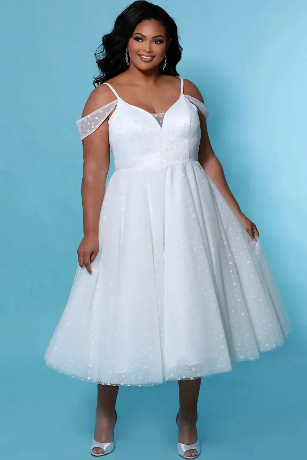 Sexy Plus Size New Wedding Dresses Off Shoulder Bridal Gowns Spaghetti Straps Dot Tulle Tea Length Short Vestido De Novia
