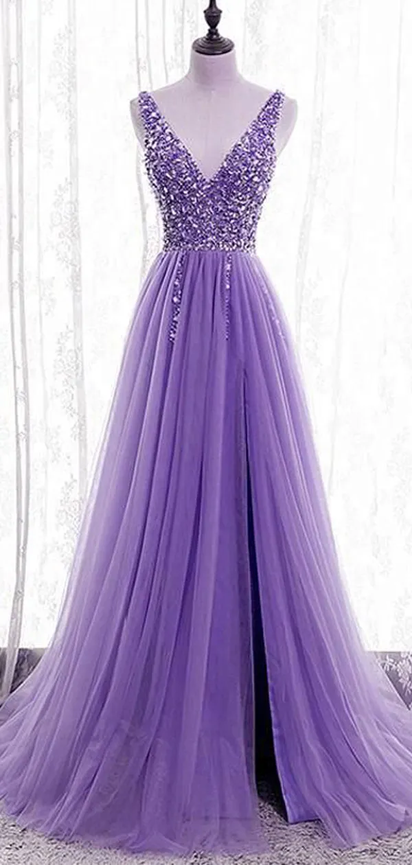 Sexy Purple A-line Straps V-neck Maxi Long Prom Dresses,Evening Dresses,12946
