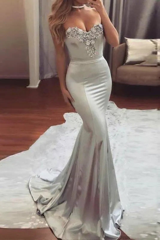 Sexy Silver Strapless Sweetheart Mermaid Beading Evening Long Prom Dress