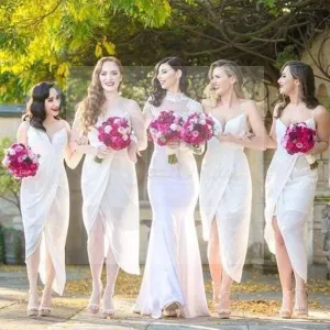 Sexy White Chiffon Side Split Spaghetti Tea Length Cheap Bridesmaid Dresses