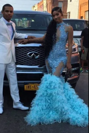 Sheer Appliques Light Blue Feather Mermaid Prom Dress