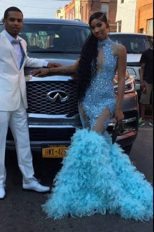 Sheer Appliques Light Blue Feather Mermaid Prom Dress