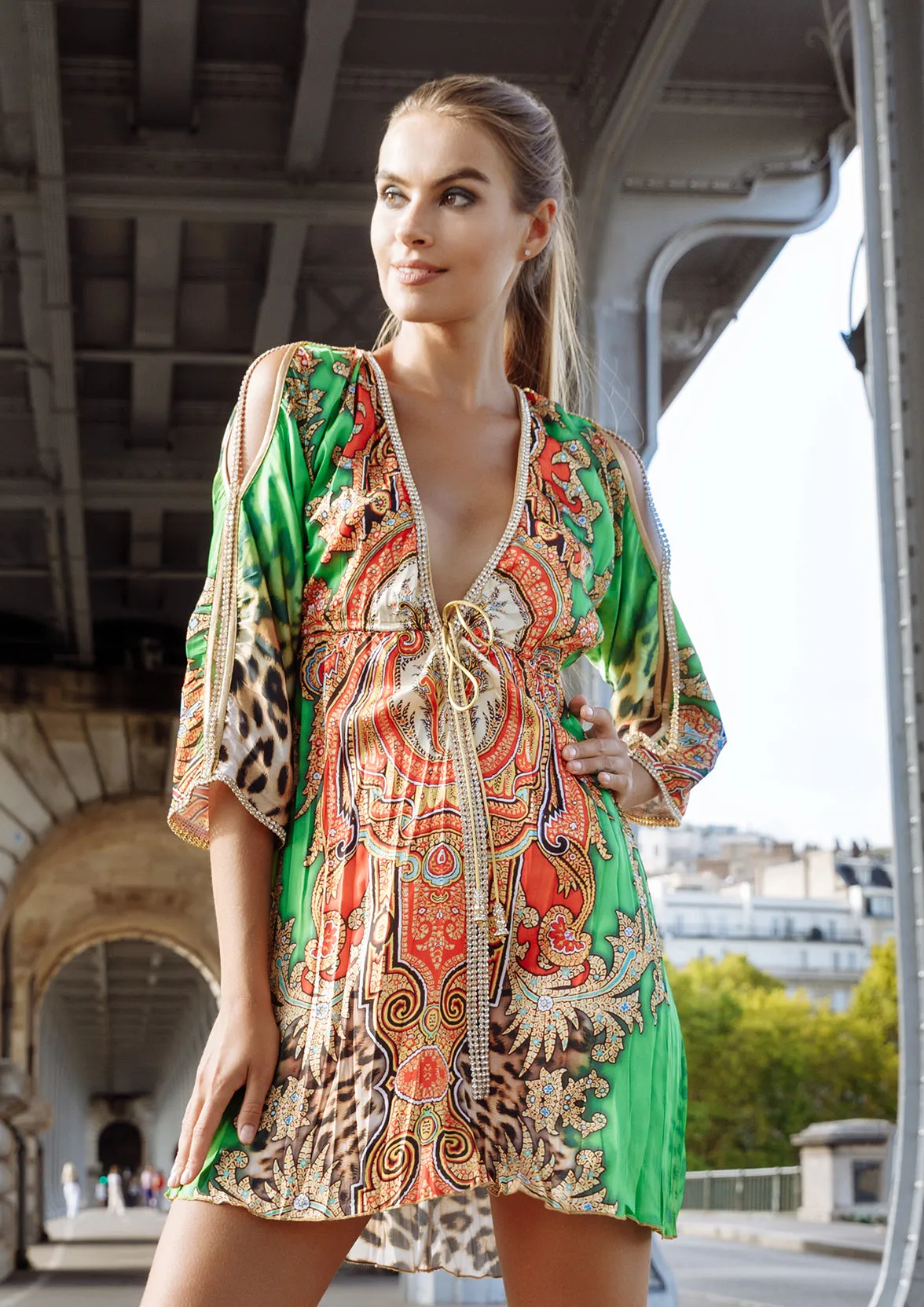 Sheer Orange Green Leopard - Short Cocktail Dress
