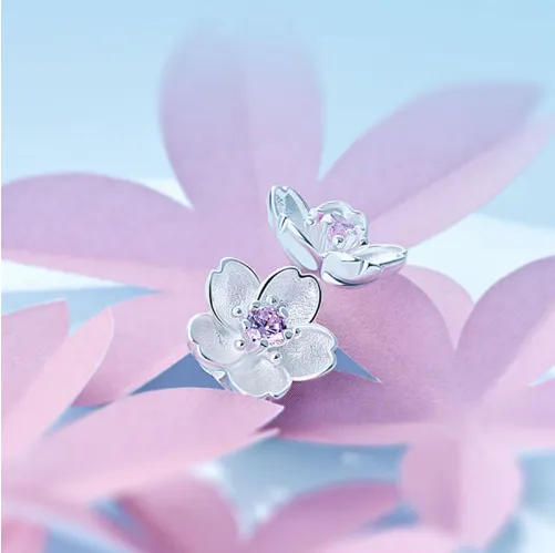 Shining Sakura Flower, 925 Sterling Silver Stud Earrings