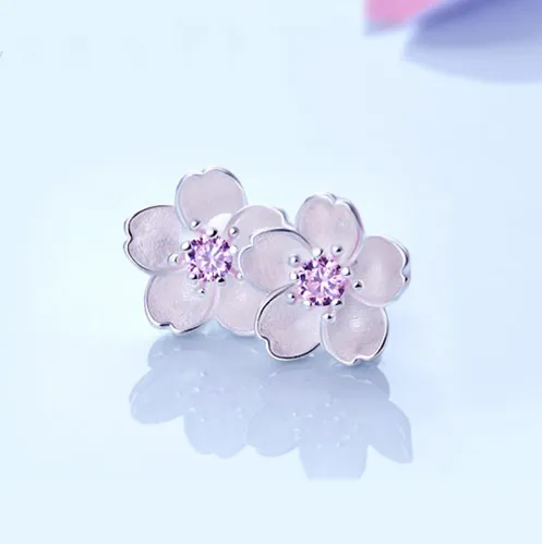 Shining Sakura Flower, 925 Sterling Silver Stud Earrings