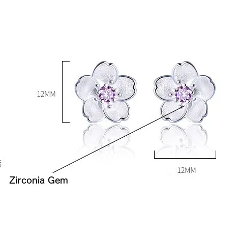Shining Sakura Flower, 925 Sterling Silver Stud Earrings