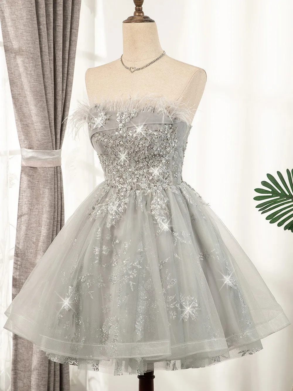 Shiny Silver Strapless Lace Up Tulle Short Homecoming Dresses