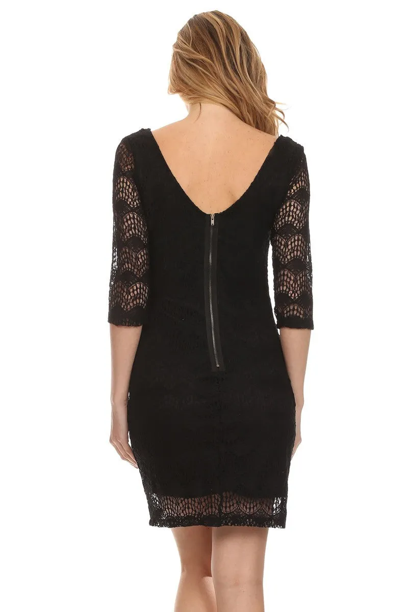 Short Crochet A Line Body Con Dress White 3/4 Sleeves