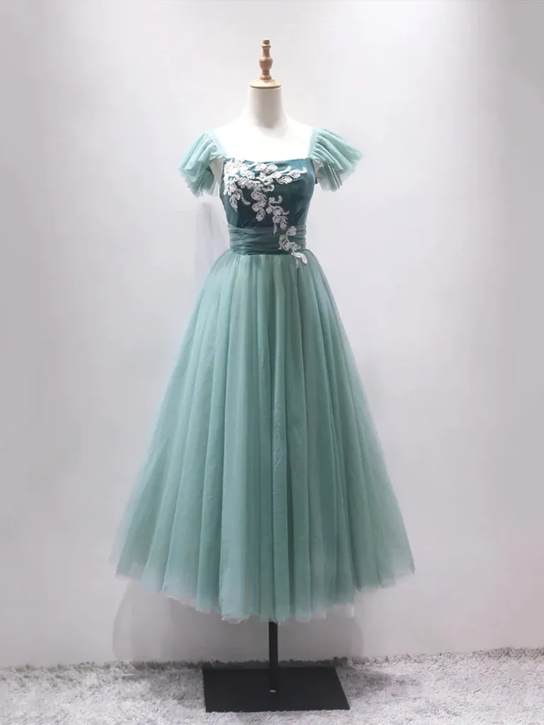 Short Green Tea Length Tulle  Prom Dresses, Off the Shoulder Green Tea Length  Formal Evening Homecoming Dresses
