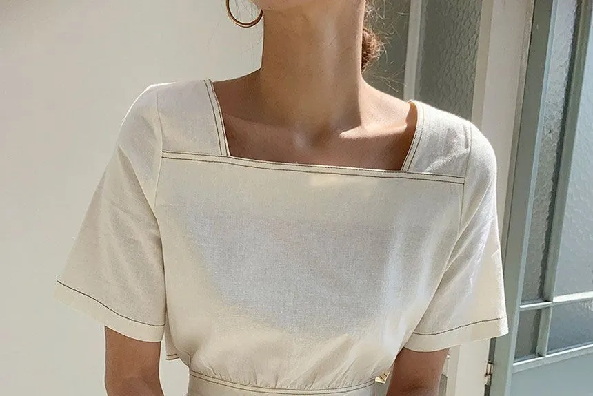 Short-Sleeve Square Neck Contrast Stitching Open Back Midi A-Line Dress