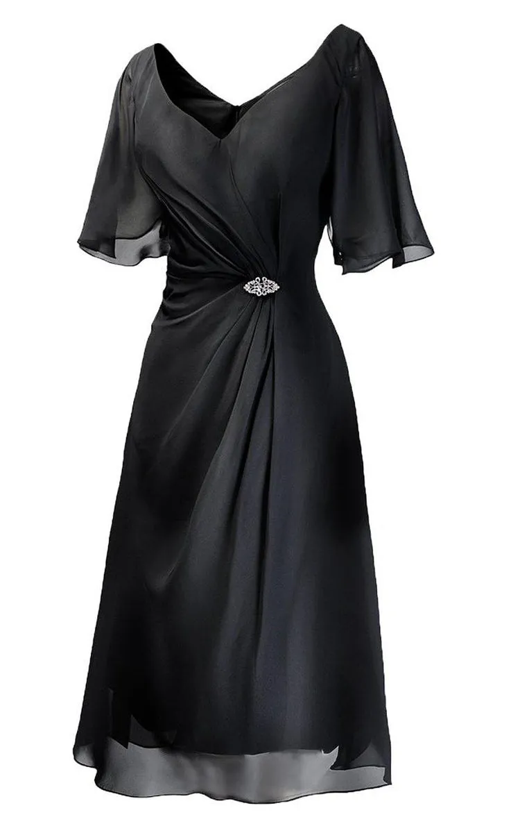 Short-sleeved Tea-length Dress With Beading and Ruching-310320