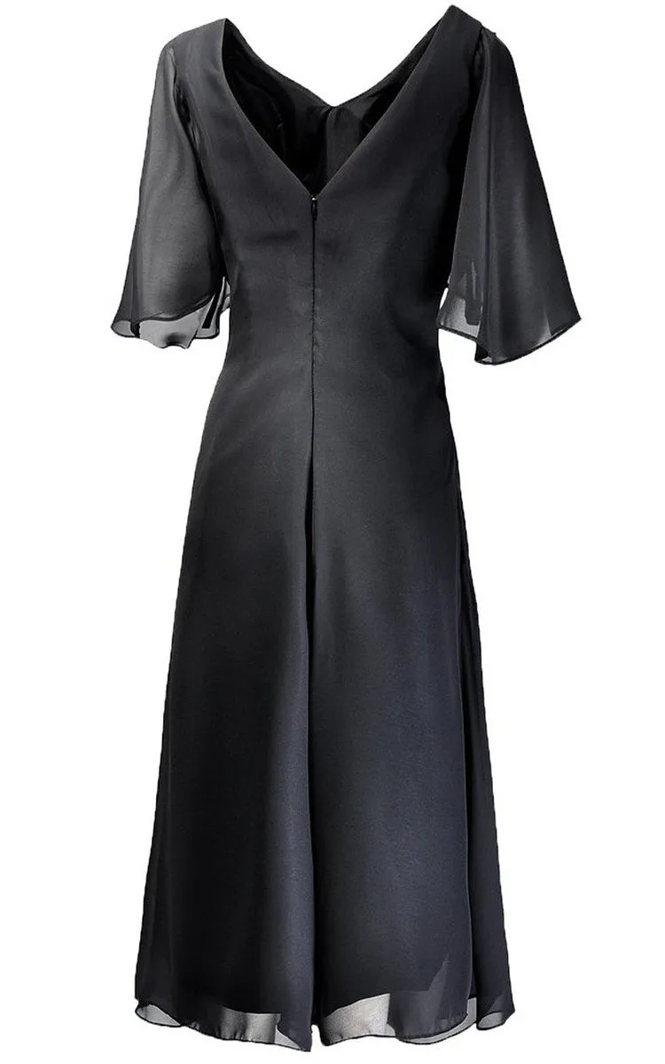 Short-sleeved Tea-length Dress With Beading and Ruching-310320