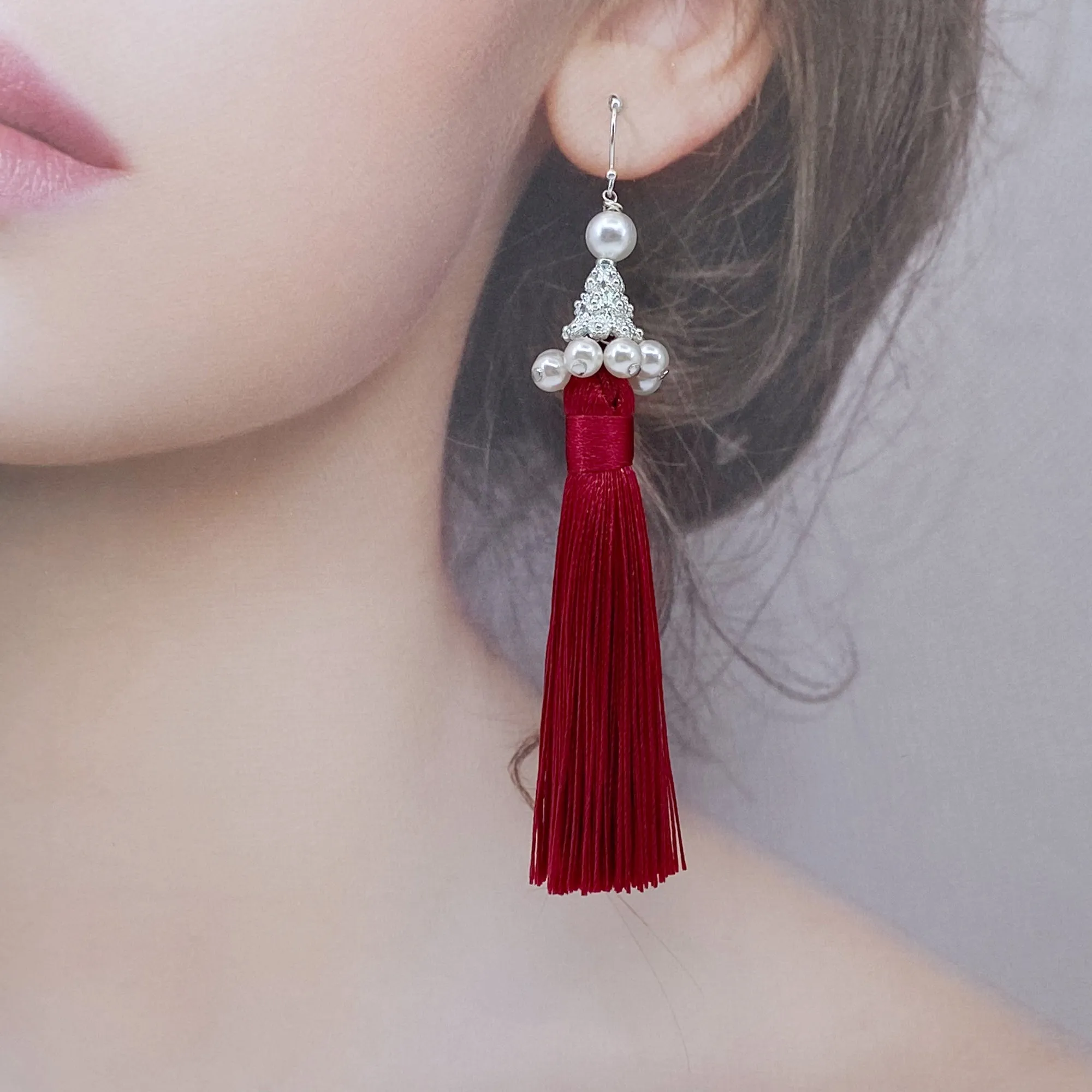Silk Red Tassel Earrings Silver