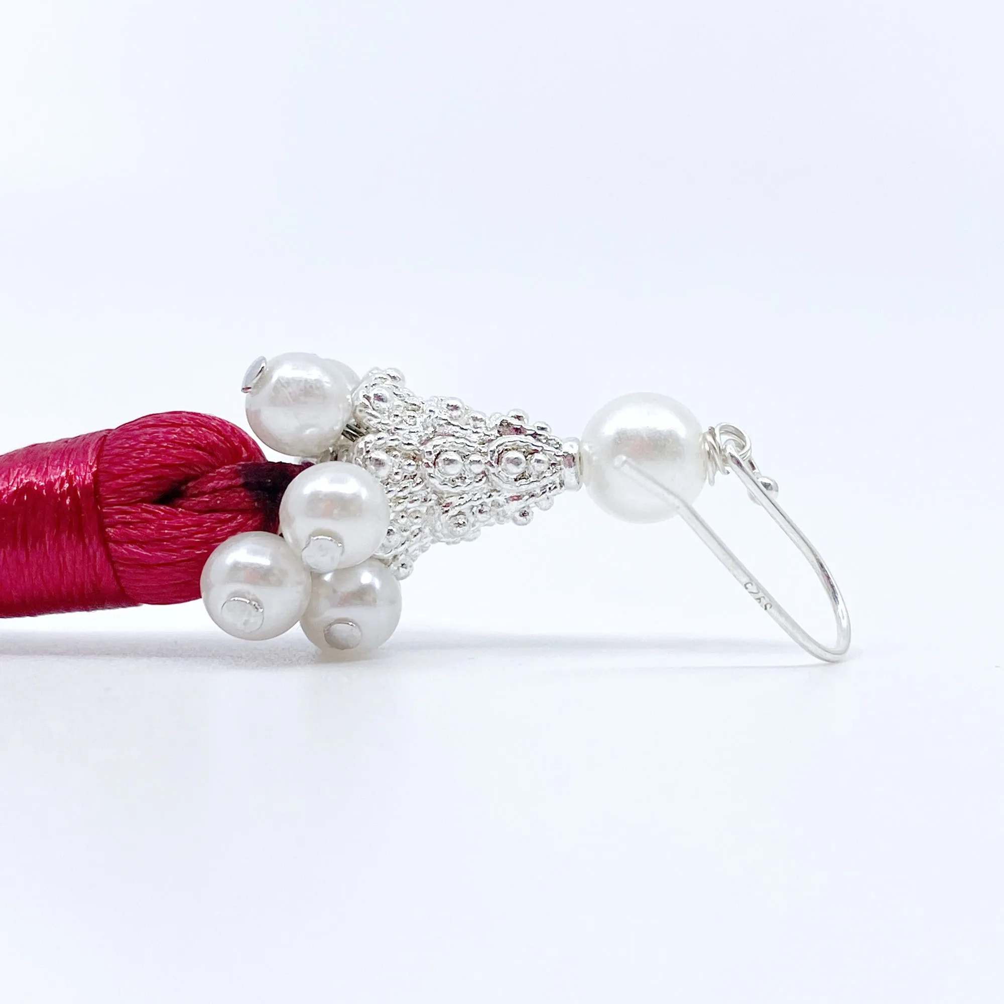 Silk Red Tassel Earrings Silver