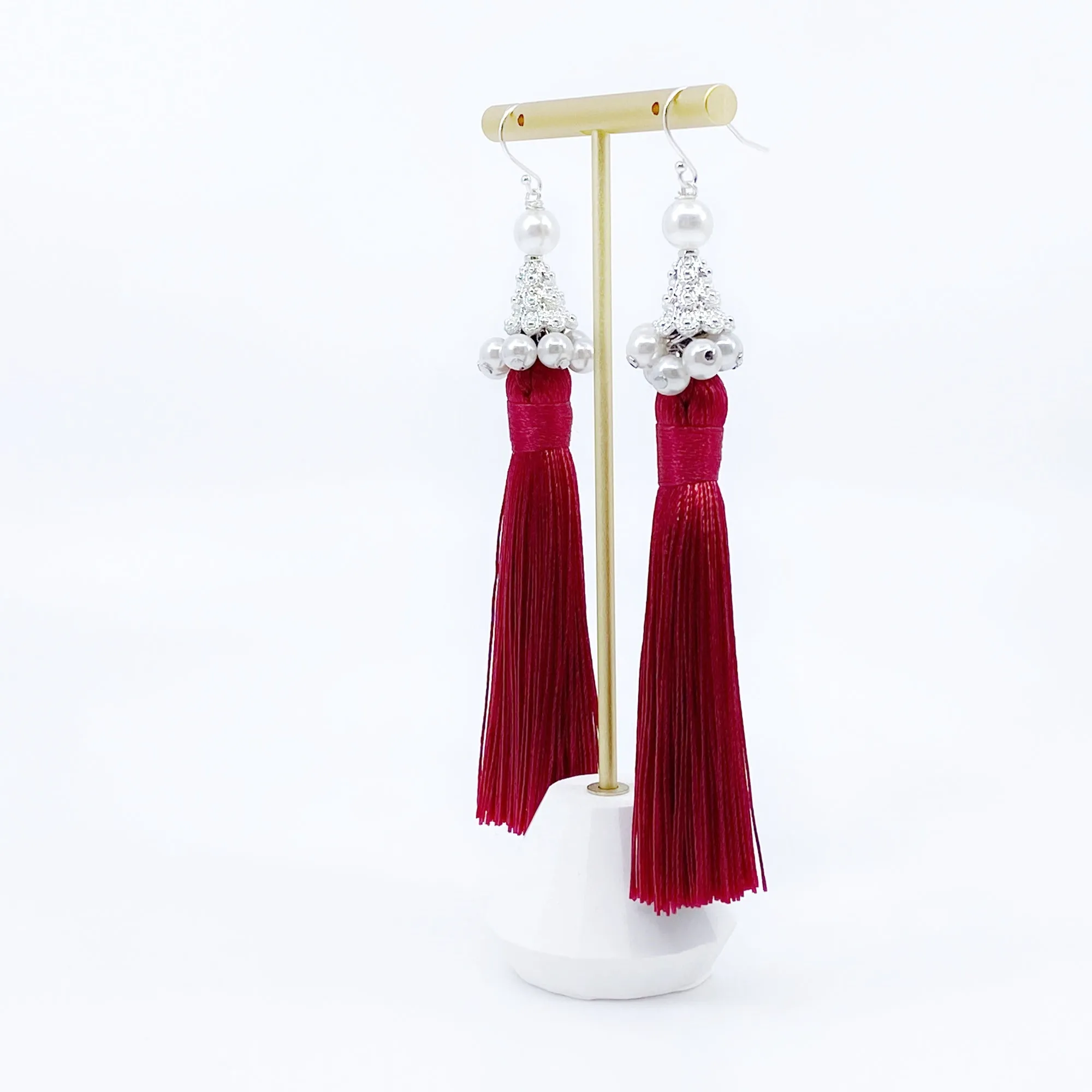 Silk Red Tassel Earrings Silver