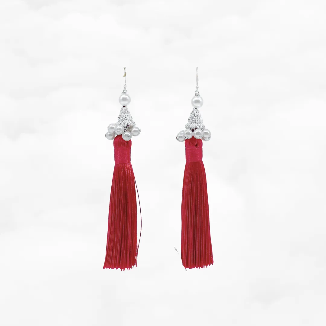 Silk Red Tassel Earrings Silver