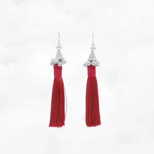 Silk Red Tassel Earrings Silver