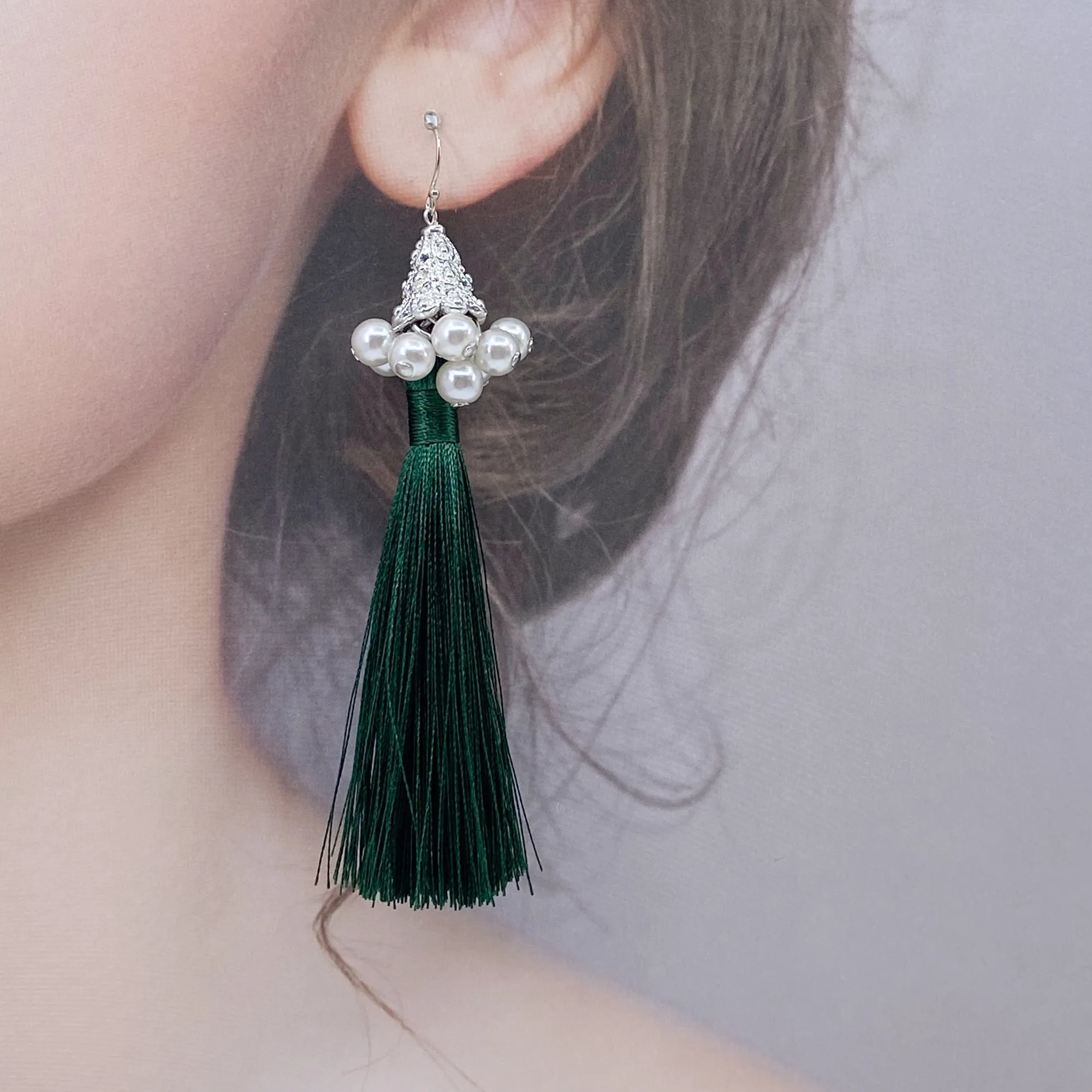 Silver Asymmetrical Earrings with Red and Green Silk Tassel