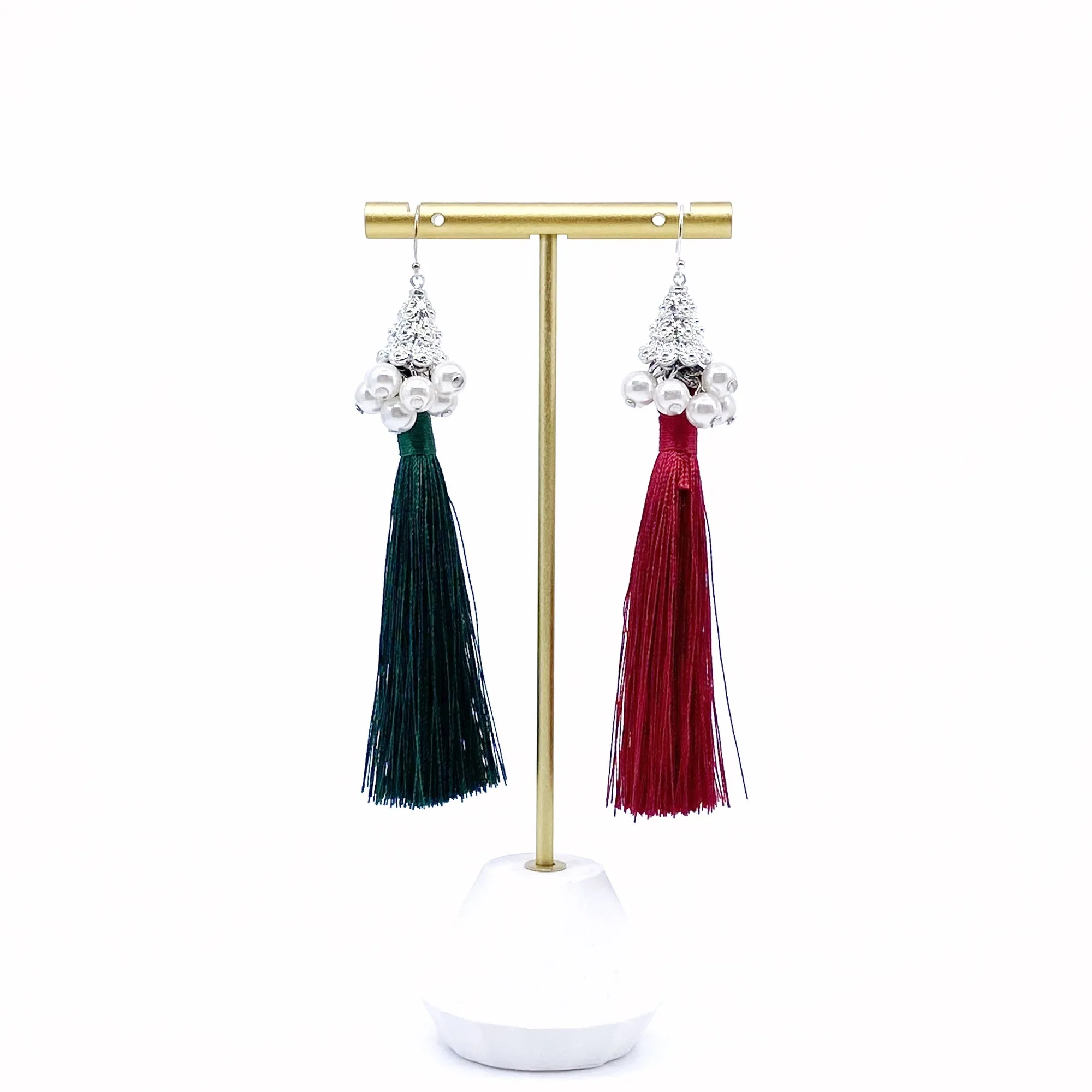 Silver Asymmetrical Earrings with Red and Green Silk Tassel