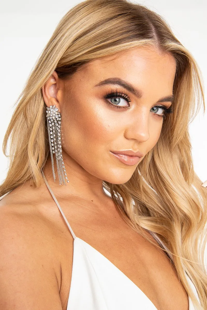 Silver Diamante Chain Detail Drop Earrings - Kristy