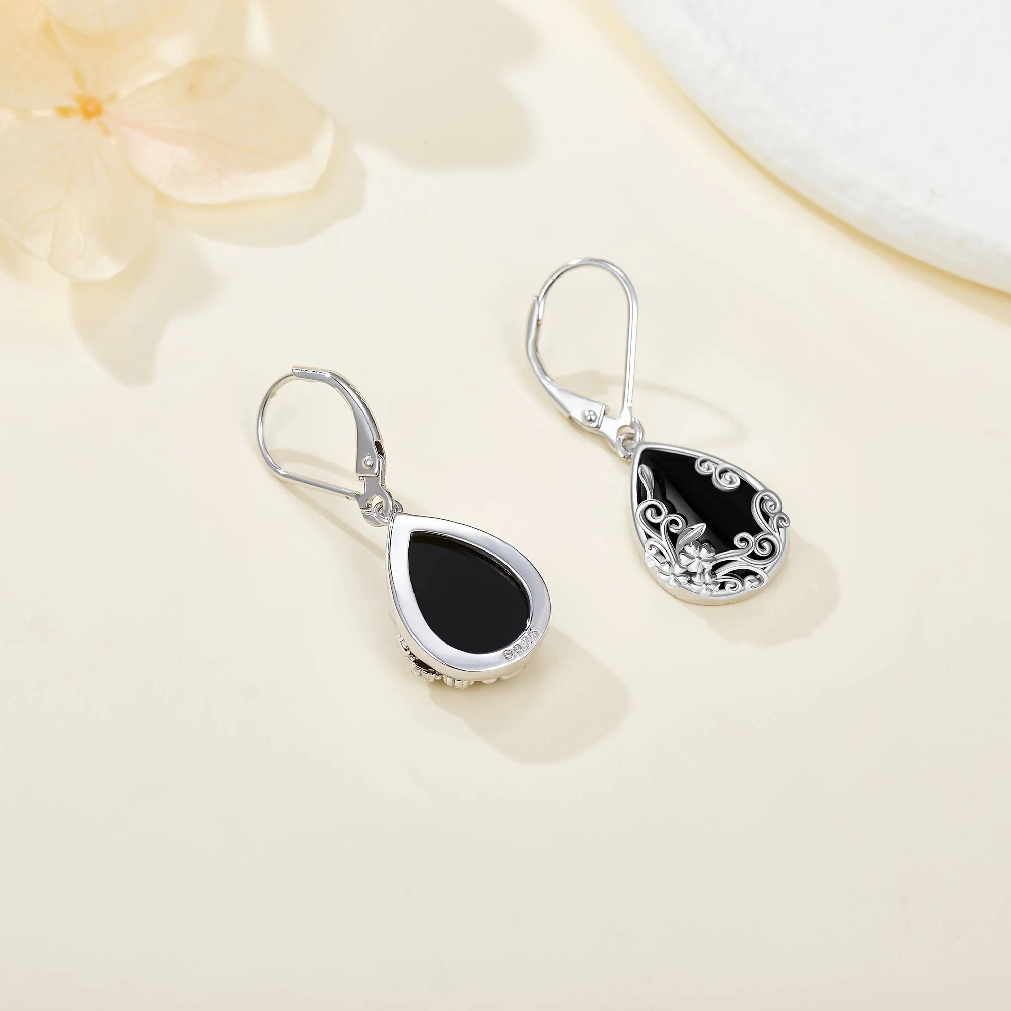 Silver Onyx Filigree Drop Earrings