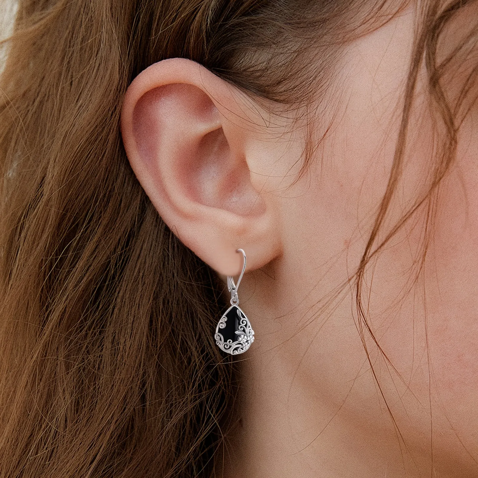 Silver Onyx Filigree Drop Earrings