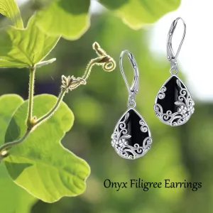 Silver Onyx Filigree Drop Earrings