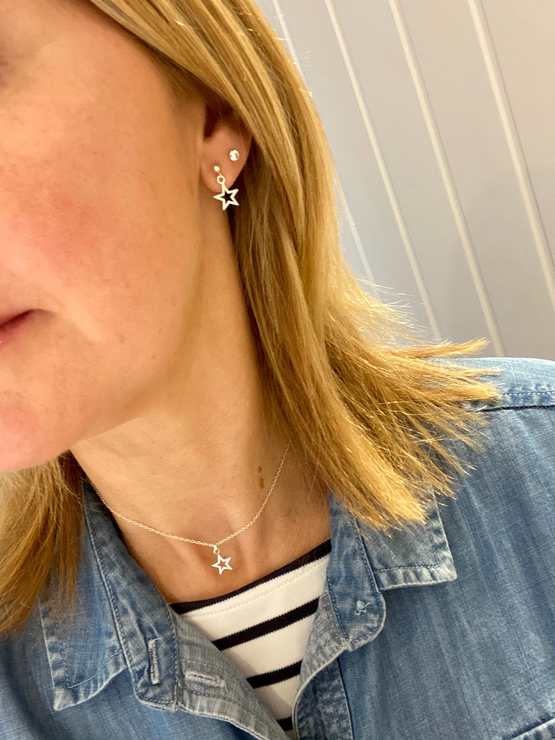 Silver Open Star Stud Drop Earrings