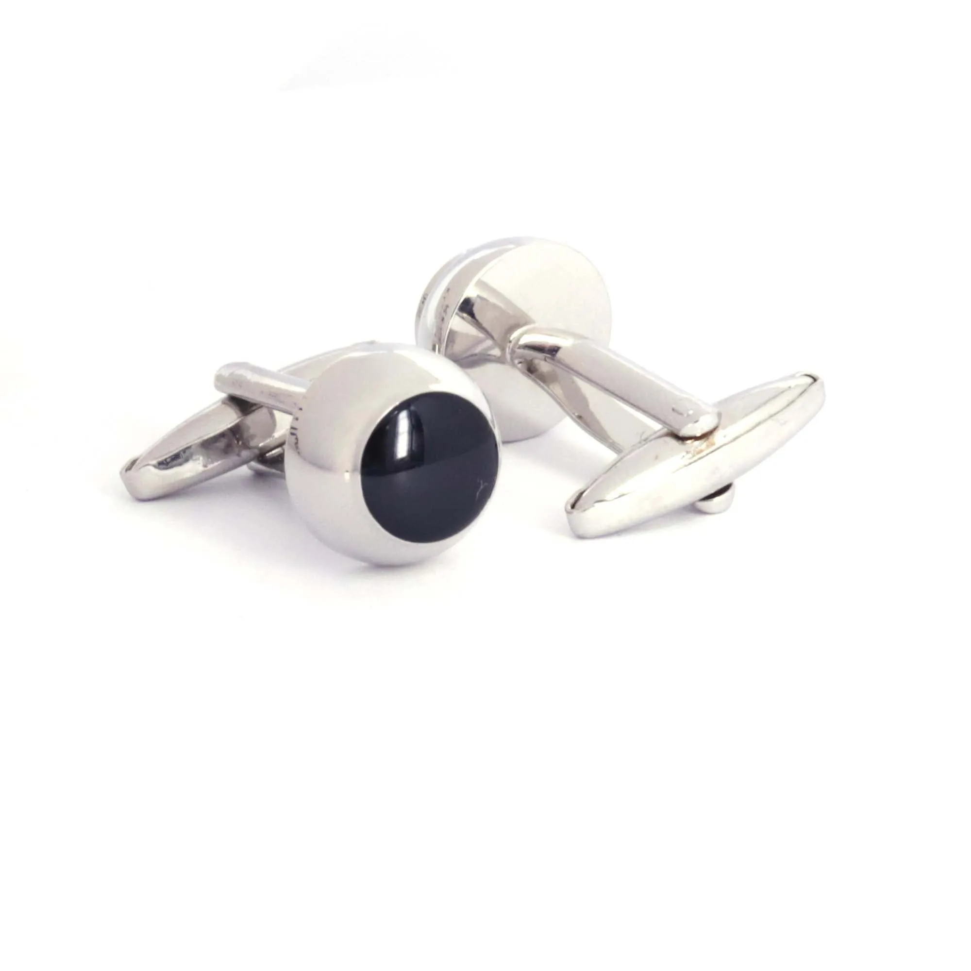Silver Round domeCufflinks with Black Enamel (Small)