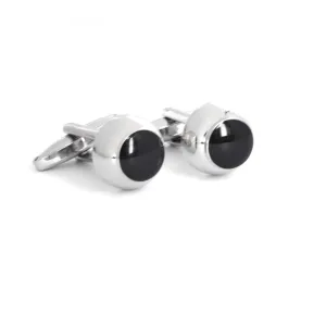 Silver Round domeCufflinks with Black Enamel (Small)