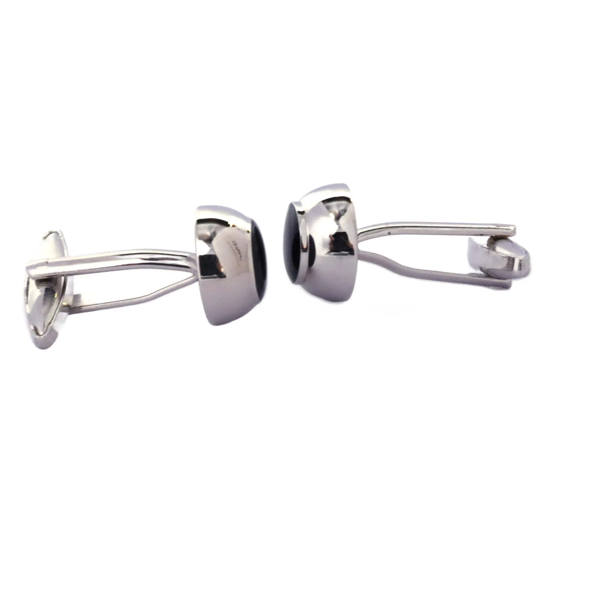 Silver Round domeCufflinks with Black Enamel (Small)