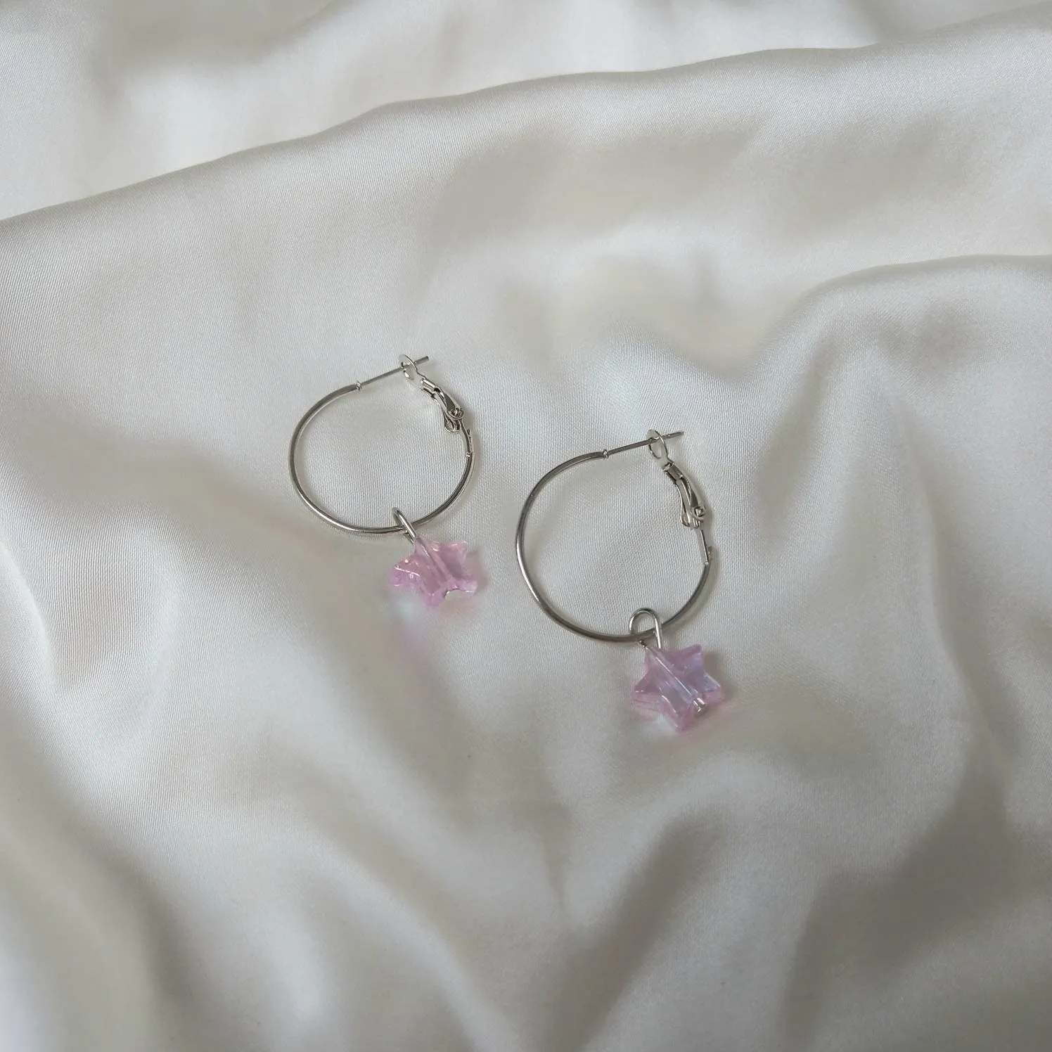 Silver Star Hoop Earrings - Lightweight Hoop Earrings,Pink Star Earrings,Hoop Earrings,Cute Earrings,Silver Earrings,Silver Star Jewellery