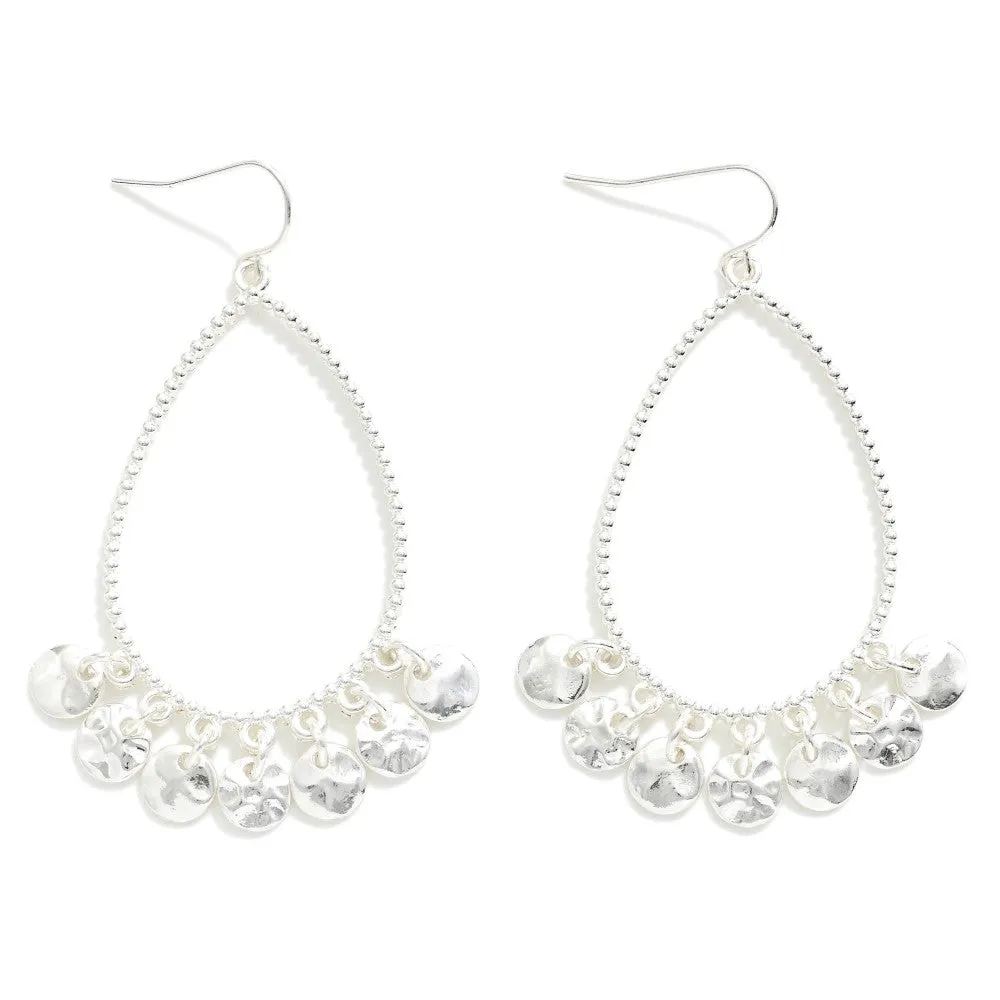 Silver Teardrop Drop Earrings Featuring Hammered Metal Charm Tassels
