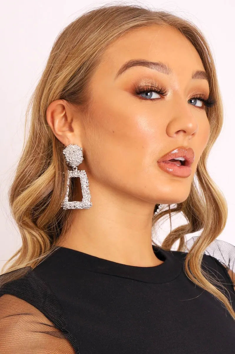 Silver Textured Rectangle Drop Earrings - Kamrin