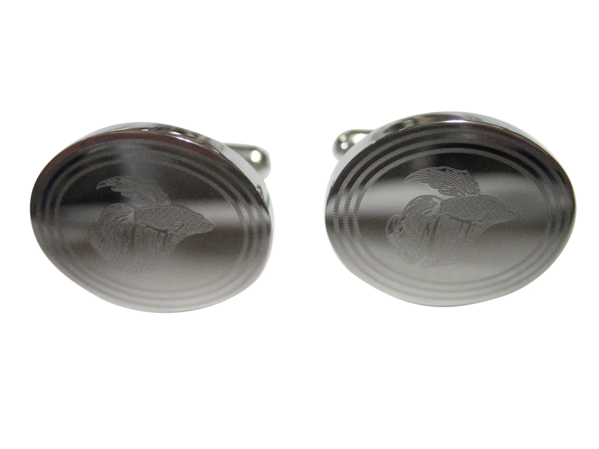 Silver Toned Etched Oval Betta Fish Cufflinks