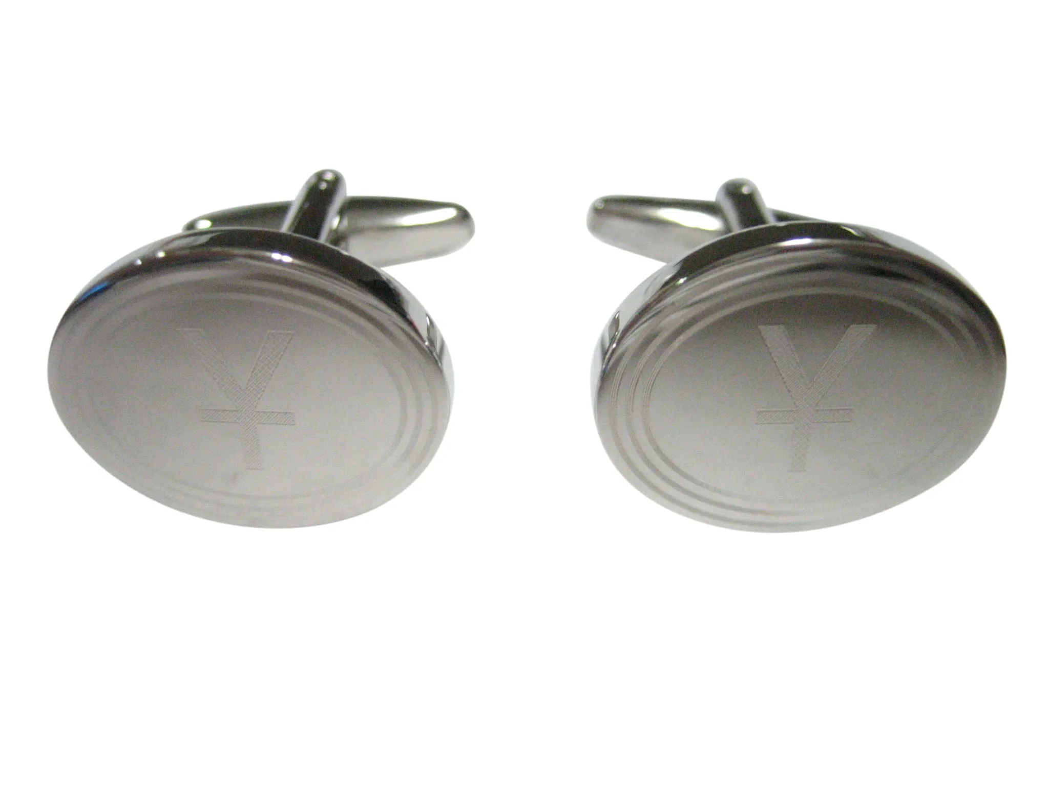 Silver Toned Etched Oval Chinese Yuan Currency Sign Cufflinks