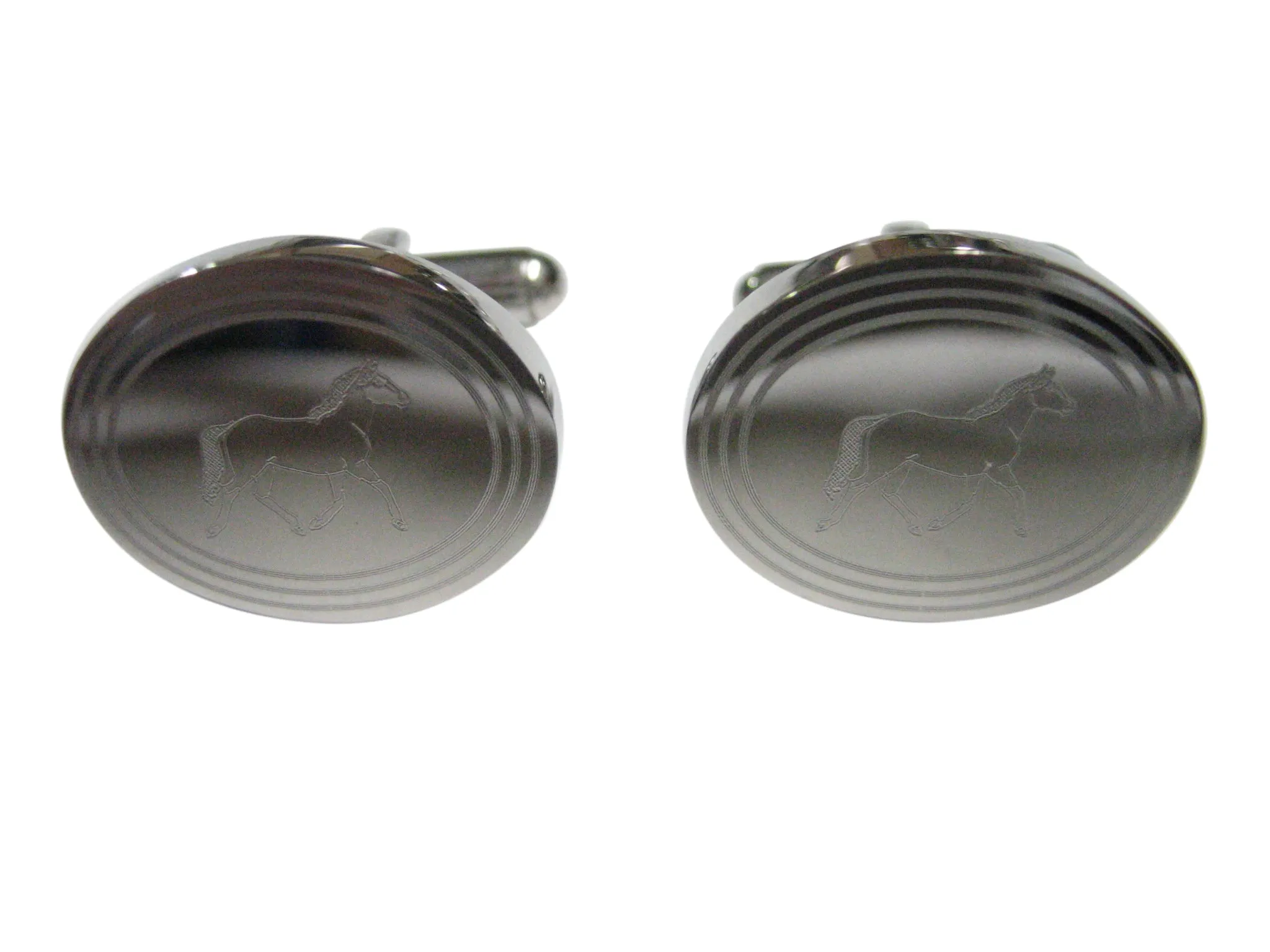 Silver Toned Etched Oval Full Horse Cufflinks