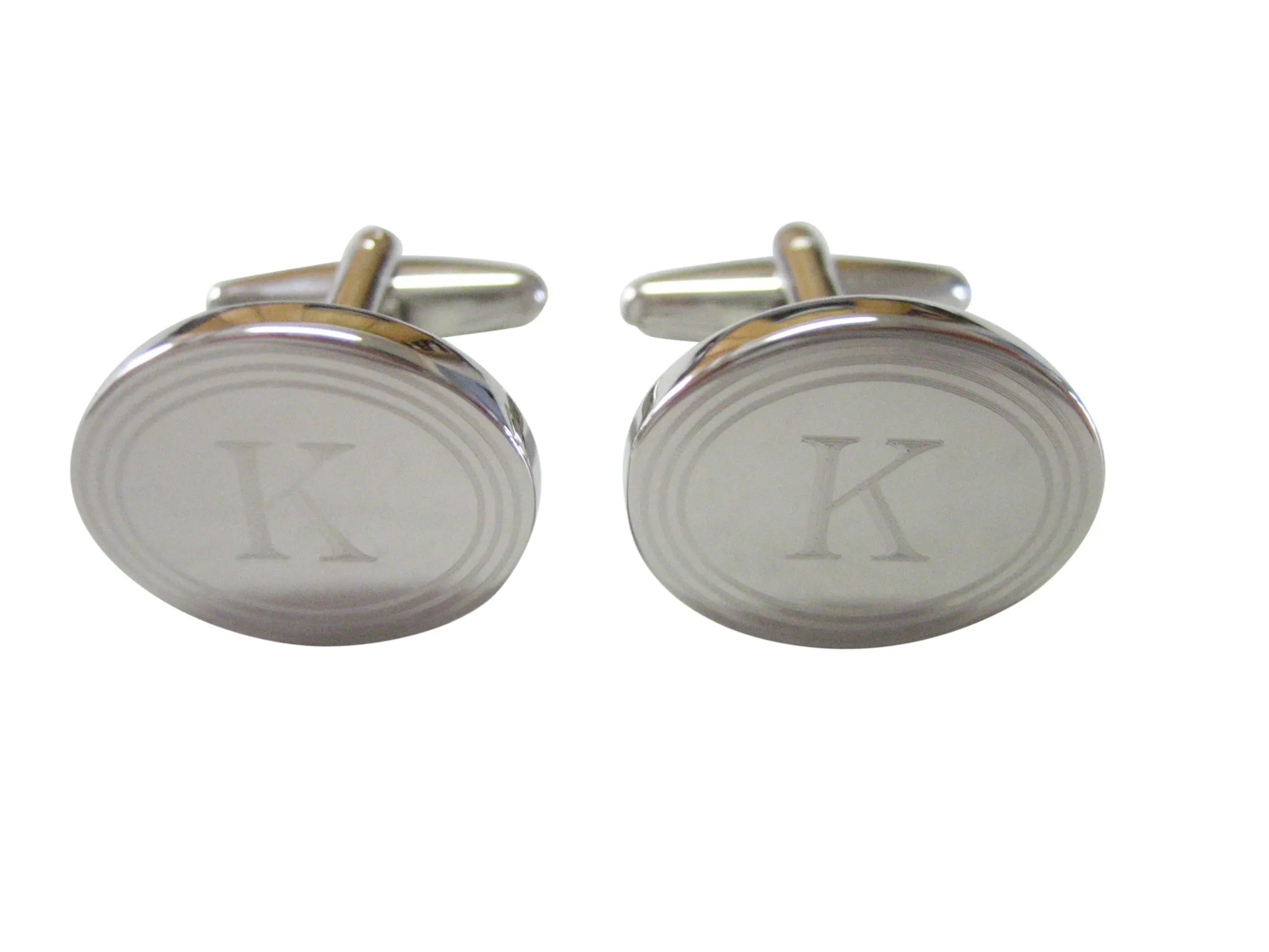 Silver Toned Etched Oval Letter K Monogram Cufflinks