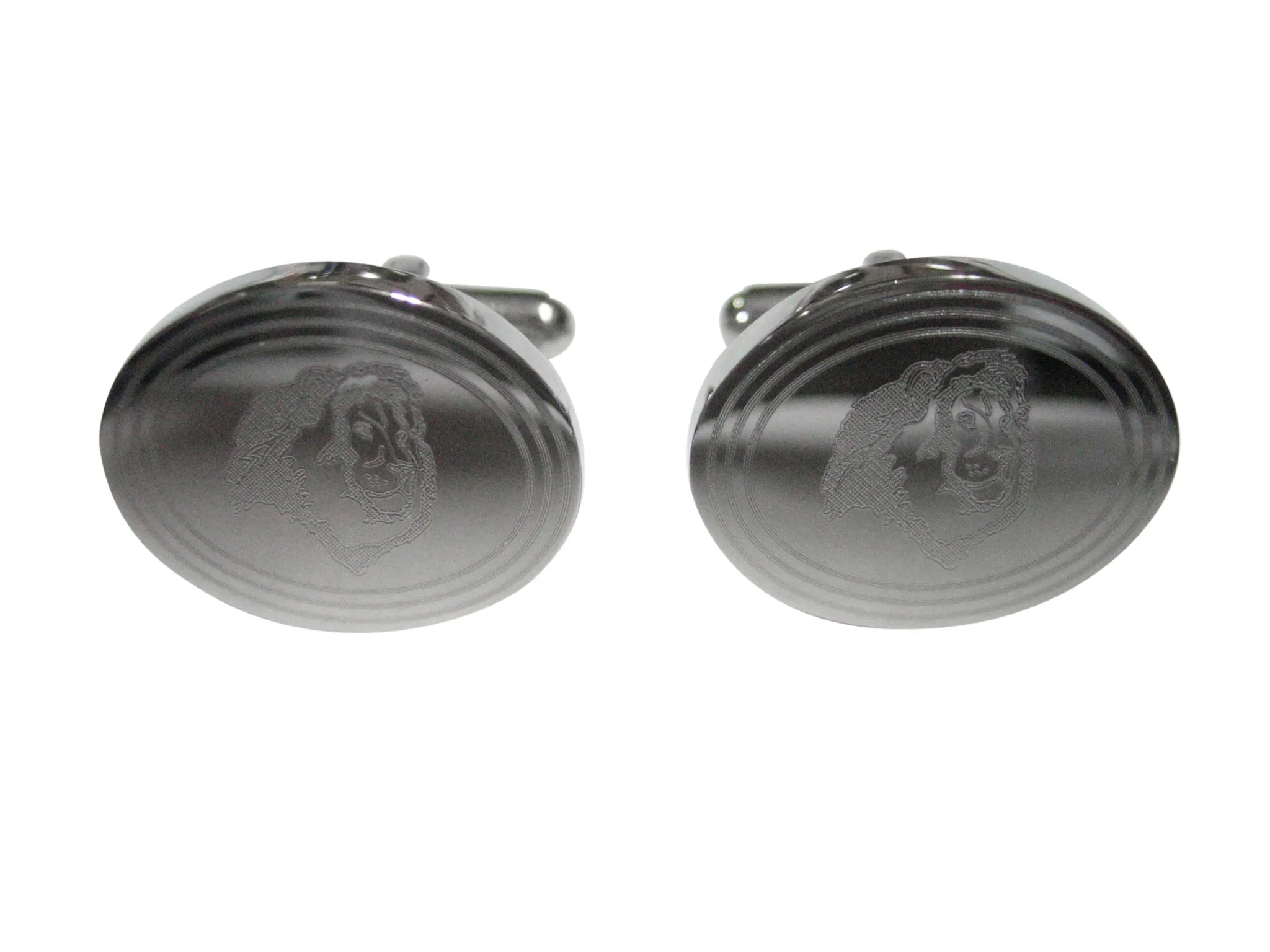 Silver Toned Etched Oval Side Facing Lion Head Cufflinks
