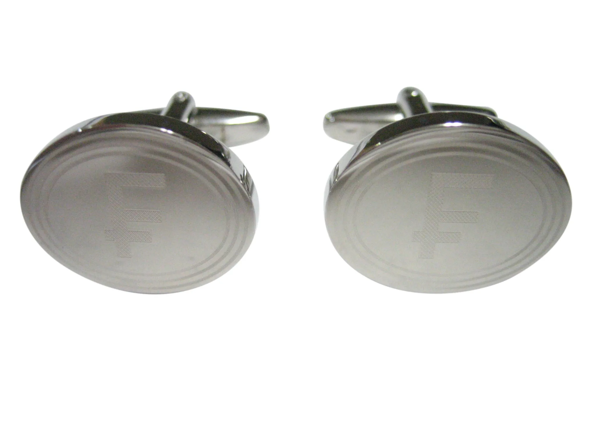 Silver Toned Etched Oval Swiss Franc Currency Sign Cufflinks