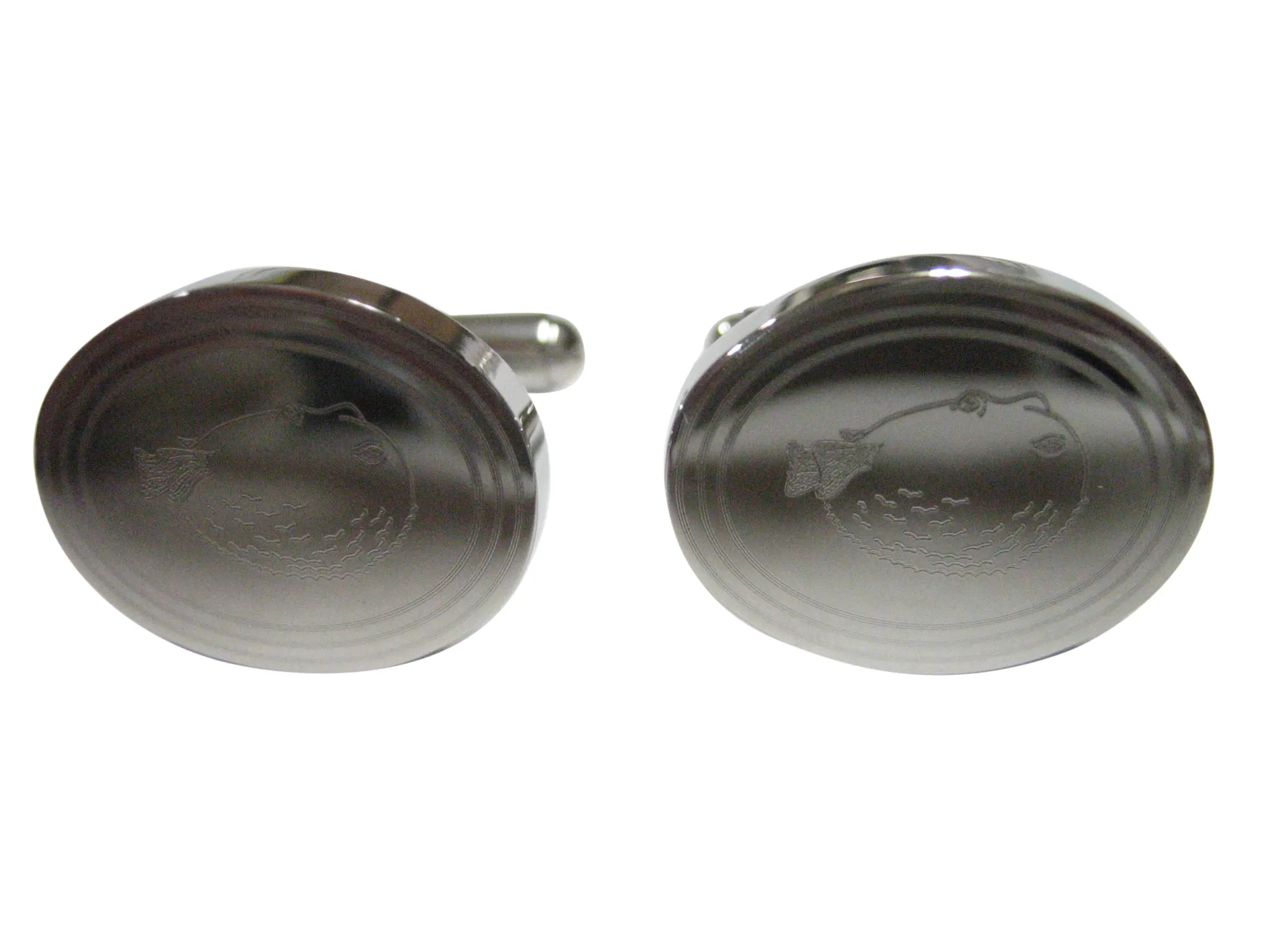 Silver Toned Oval Etched Blowfish Fugu Puffer Fish Cufflinks