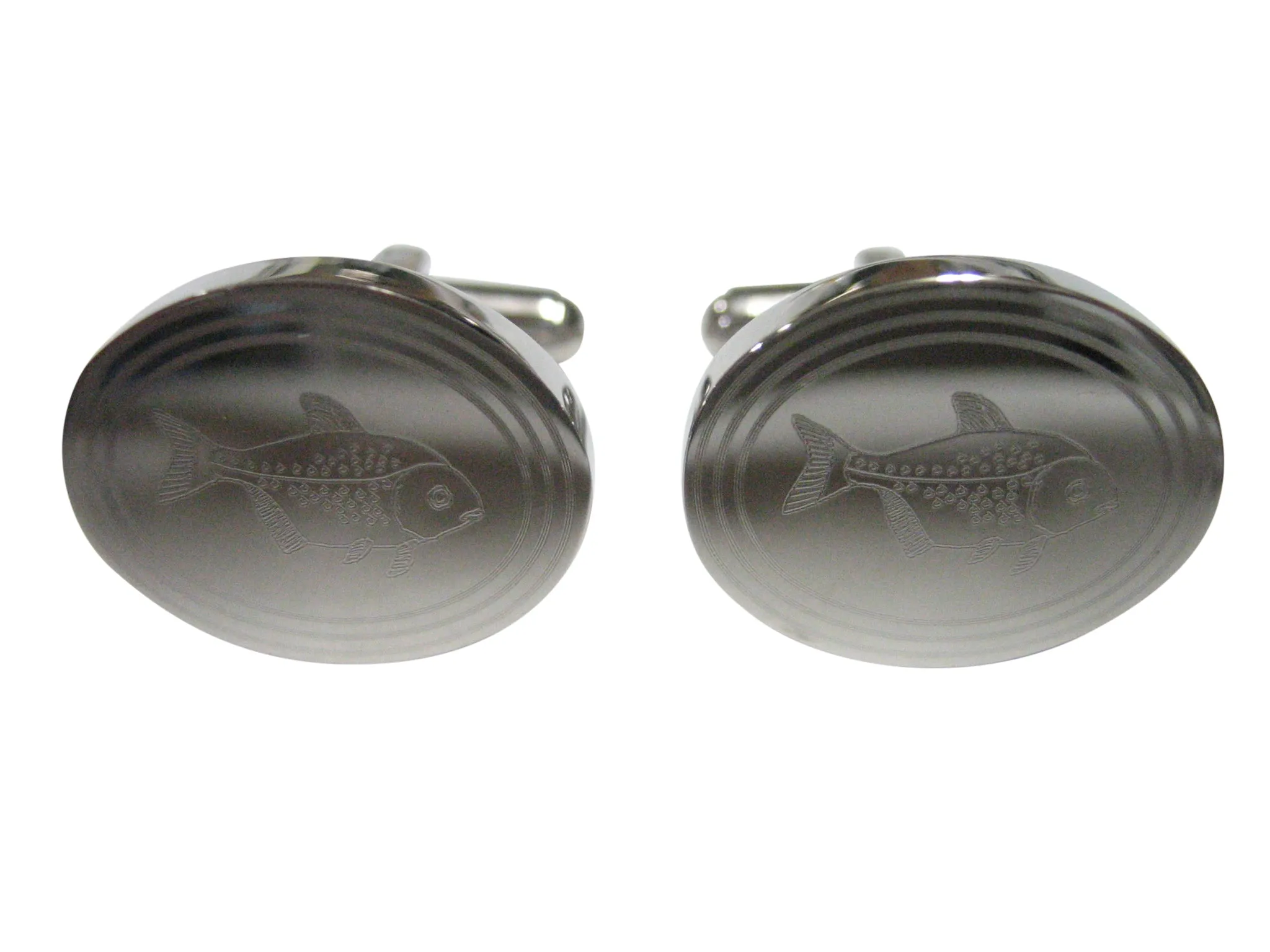 Silver Toned Oval Etched Piranha Pirana Fish Cufflinks