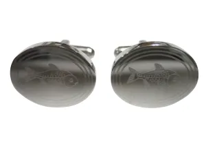 Silver Toned Oval Etched Piranha Pirana Fish Cufflinks
