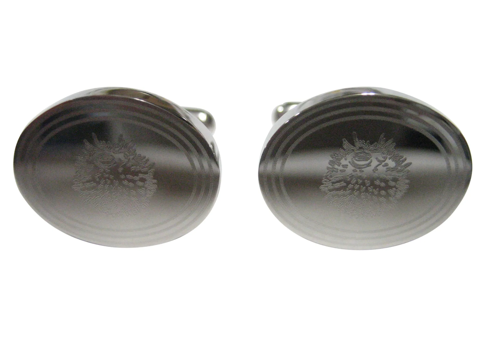 Silver Toned Oval Etched Spikey Puffer Fish Fugu Blowfish Cufflinks