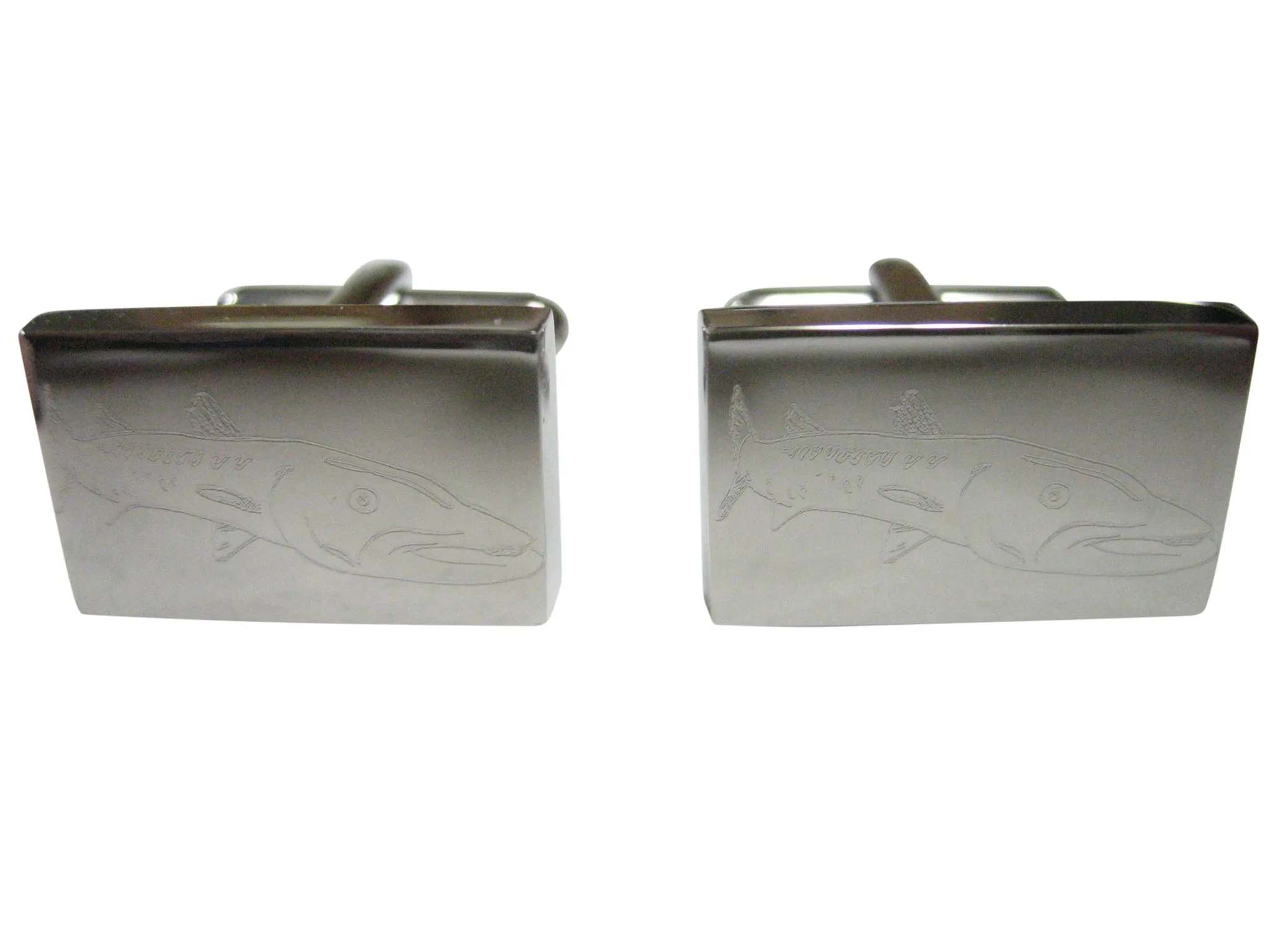 Silver Toned Rectangular Etched Barracuda Fish Cufflinks