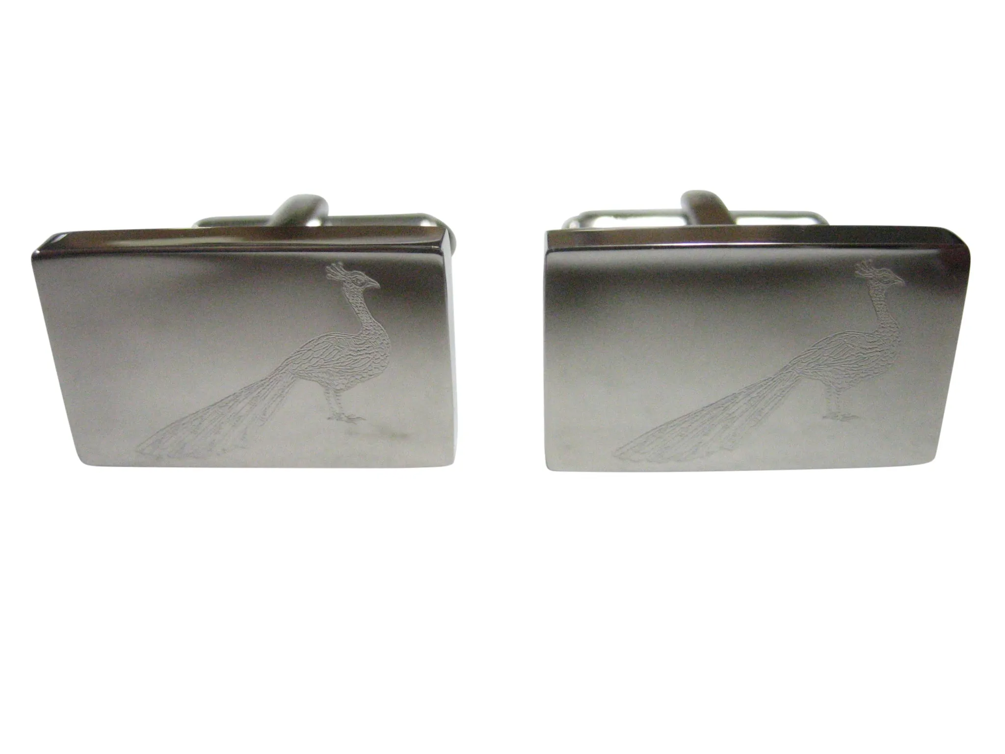 Silver Toned Rectangular Etched Peacock Bird Cufflinks