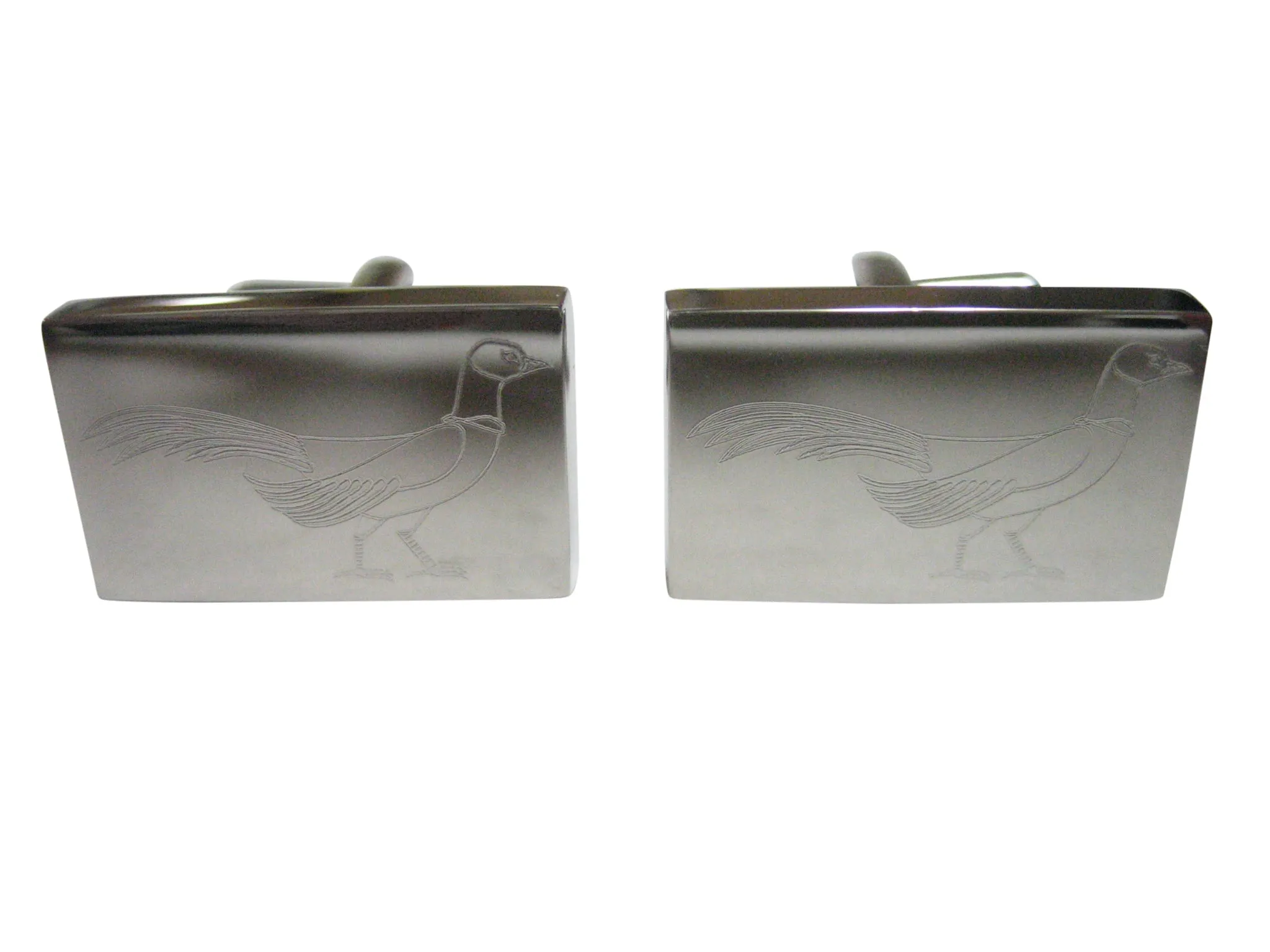 Silver Toned Rectangular Etched Pheasant Bird Cufflinks